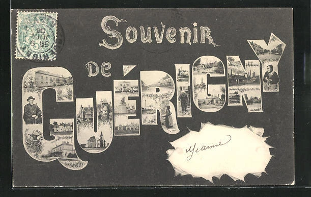 CPA Guérigny, Schriftzug als Fotomontage avec Fabrik, Burg, Bäuerin 1906