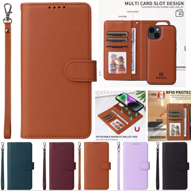 For iPhone 15 14 13 12 11 Pro Max 8 Removable Magnetic Leather Wallet Case Cover