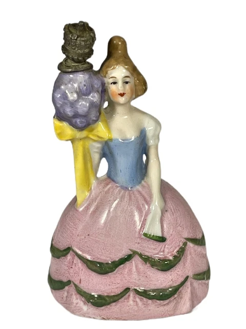 Antique German Porcelain Woman in Hoop Dress Perfume Bottle w Gilt Stopper Antique German Porcelain Woman in Hoop Dress Perfume Bottle w Gilt Stopper