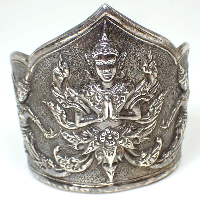 Thai Siam Sterling Silver 1940's Repousse Hindu Goddess Vintage Cuff Bracelet