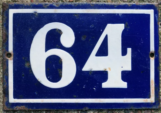 Old blue French house number 64 door gate wall fence street sign plate plaque