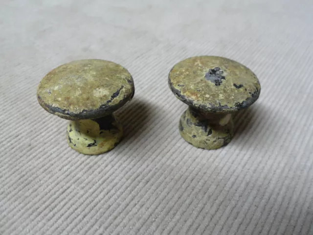 2 Vtg Antique Cast Iron Cabinet Door or Drawer Pulls w/ Crusty Old White Paint D