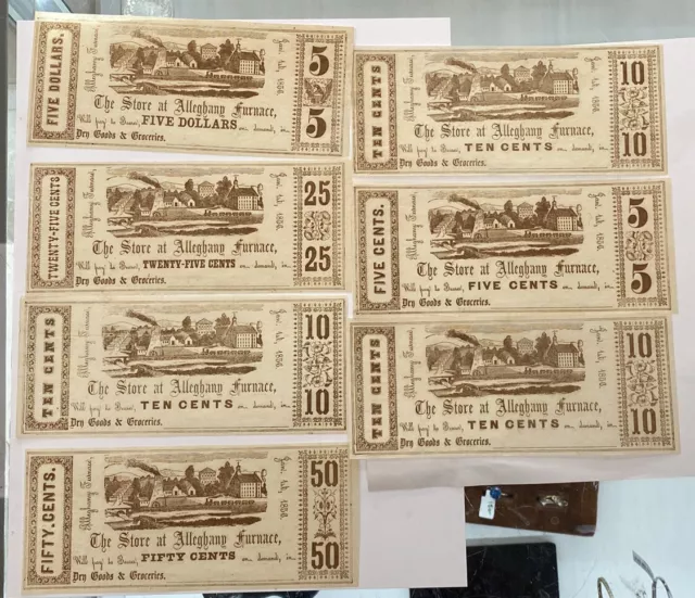 1856 The Store At Alleghany Furnace Unc Notes Lot Of 7