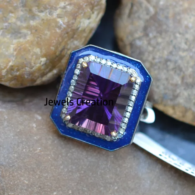 Purple Amethyst Gemstone Enamel Solid 925 Silver Pave Diamond Ring Jewelry Gifts