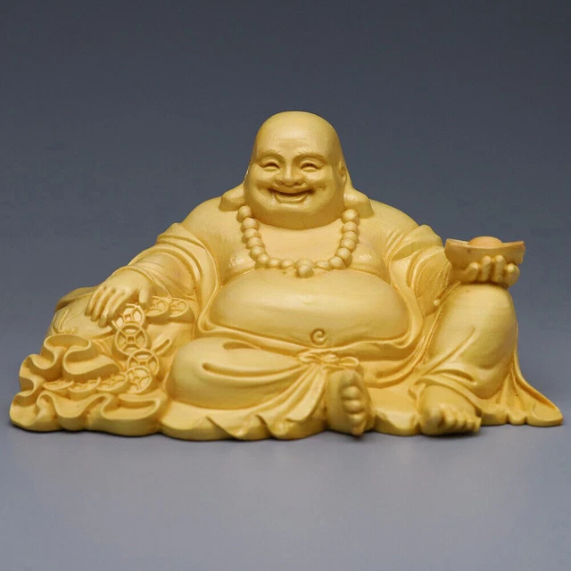 China Boxwood Carved Money Yuanbao Happy Maitreya Buddha Wealth Money Statue