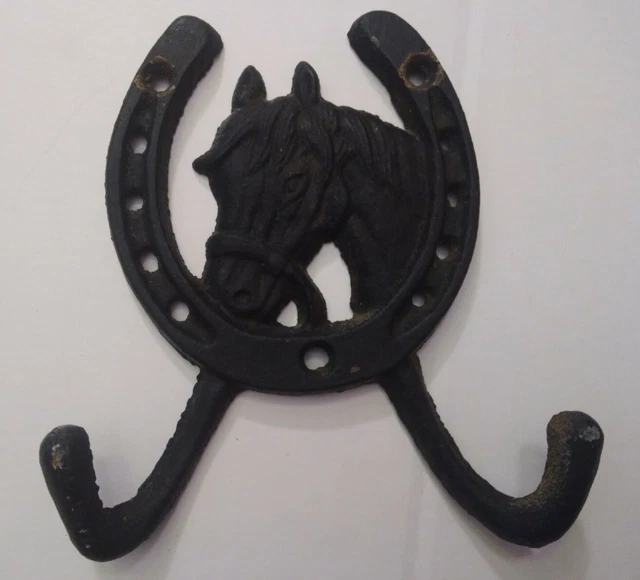  Vintage Cast Iron Horse Head Horseshoe, Double Hook, Coat Towel Umbrella Hanger