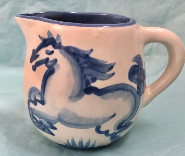 MA Hadley Creamer Pitcher Blue Horse Stallion Signed Painted Art Pottery