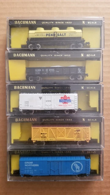 Bachmann N scale train lot of 5 box cars Dubuque, MKT, Great Northern, Penn Salt