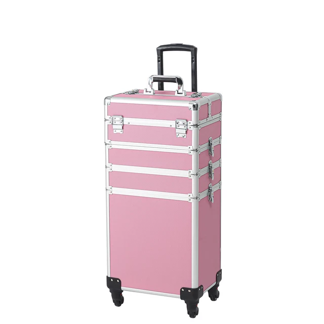 Portable Pink 4-in-1 Makeup Case with Interchangeable Draw-bars and Wheels