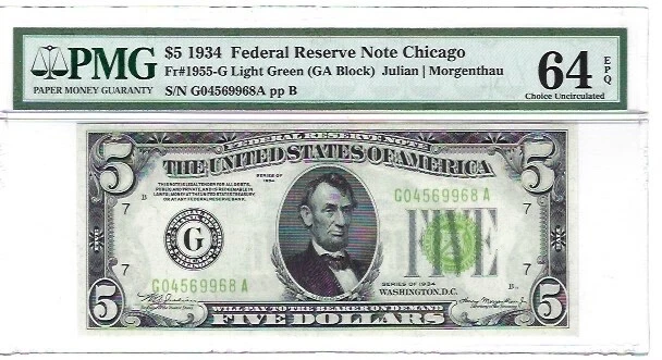 LGS. LIGHT GREEN SEAL. $5 1934 Chicago FRN. Fr. 1955-G. PMG 64 EPQ