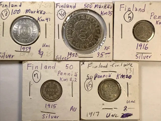 Finland 5 Silver Coin Lot; 1916 25p , 1917 50p, 1915 50p,59 100 Markka, 1952 500