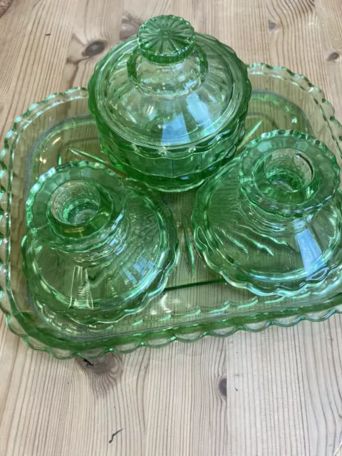 Vintage art deco green glass 5 piece dressing table set