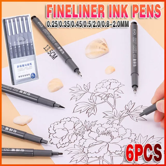 6Pcs Micro Pen Set Waterproof Fine Liner Fineliner Black Ink Pens 6 Sizes Point