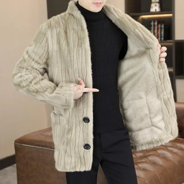 Mens Stand Collar Coat Faux Fur Loose Single-breasted Casual Thicken Fashion New