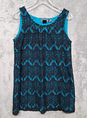 Urban Mango Dress Womens Medium Teal with Black Crochet Overlay Tunic Dress Top