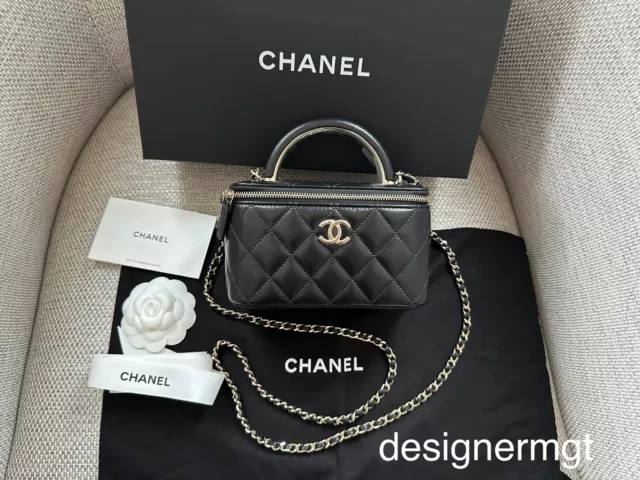 NIB 100%AUTH CHANEL 22A Black Lambskin Long Vanity Bag on Chain Metal  Handle $4,500.00 - PicClick