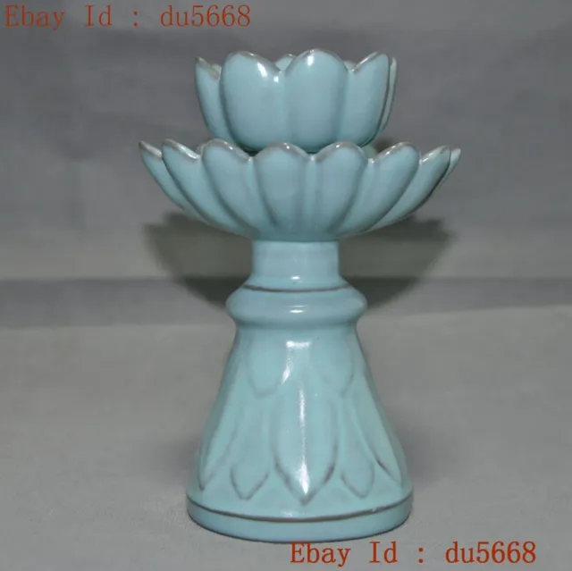 6.2"Old China Official kiln Ru porcelain lotus statue Candlesticks Candle Holder