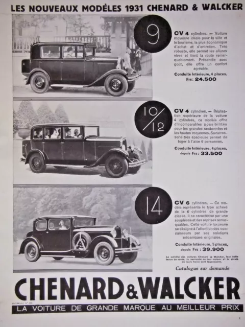 Publicité De Presse 1931 Modèles Chenard & Walcker - Advertising