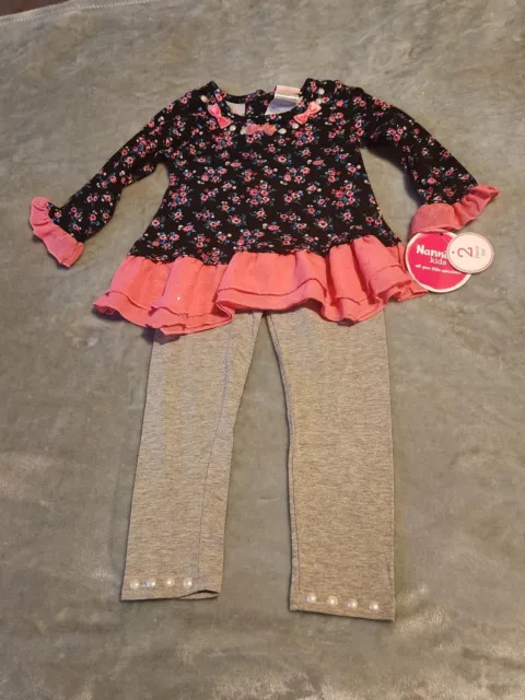 NWT Girls 18M Nannette Kids 2 Pc Flowers/Bows/Pearls Shirt and Leggings Set