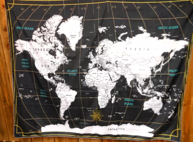 Z18  ~ Black & White World Map Wall Tapestry ~ 60 X 80 ~ New