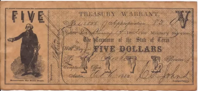 1862 State of Texas Five (5) Dollars Confederate Treasury Warrant REPRODUCTION