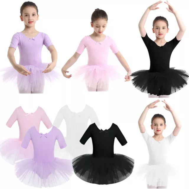 Girls Half Sleeve Ballet Dance Dress Gymnastics Ballerina Tutu Skirt Dancewear