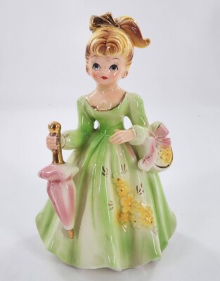 Vtg Lefton Girl Figurine Green Dress with Yellow Flowers Parasol Umbrella #6987