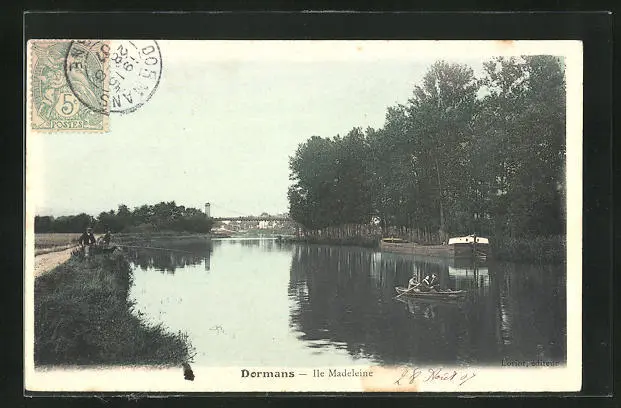 CPA Dormans, Ile Madeleine, pêcheur et bateau 1907