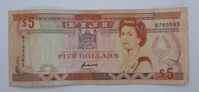 1991 - Fidschi - 5 (Fünf) Dollar Banknote, Seriennummer B 765595 - Elizabeth P-83a