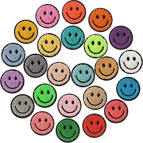 24 Pcs Smile Face Patch Cute Iron on Patches 2 Inch Chenille Preppy Happy Face