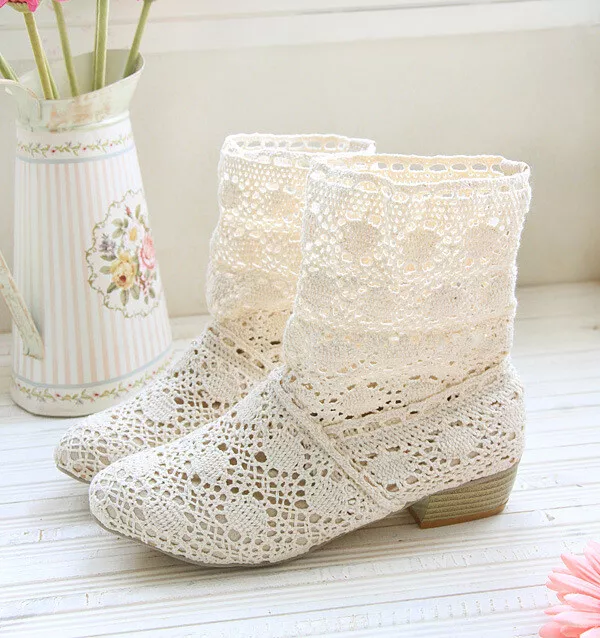 LADIES LACE HOLLOW Out Crochet Summer Ankle Boots Flat Heels Sweet