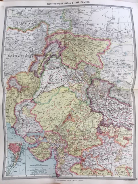 India & The Pamirs Original Antique Map North West India 1907 Harmsworth Large