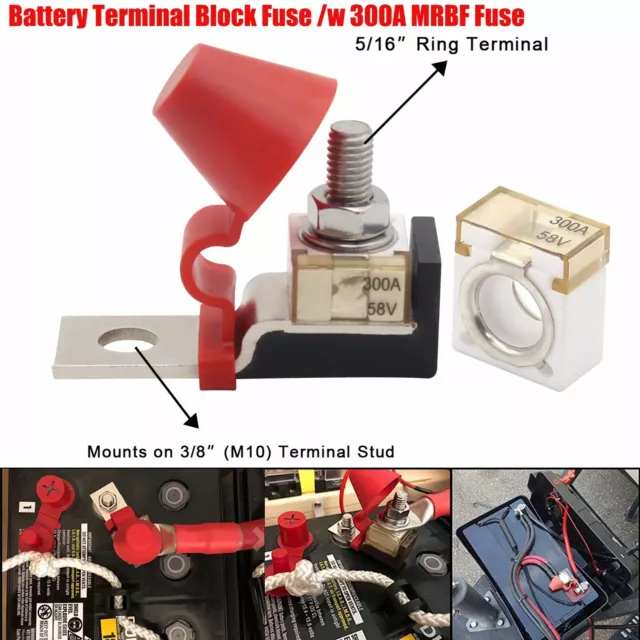 58V Terminal Fuse Block Base 5/16" M8 Stud /w Caps 300A MRBF Fuse For Car Boat