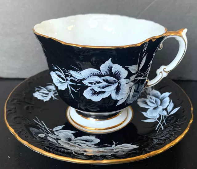 Vintage Aynsley Black With White Flowers Textured Tea Cup And Saucer Set