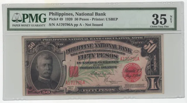 1920 Philippines Lawton 50 Pesos  Pmg Vf 35