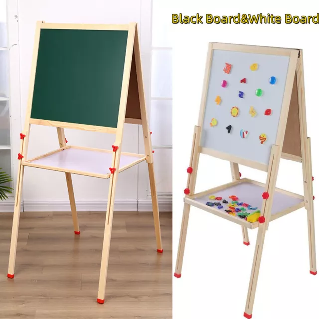 2 In 1 Adjustable Black/White Board Wooden Easel Kids Children Drawing Board