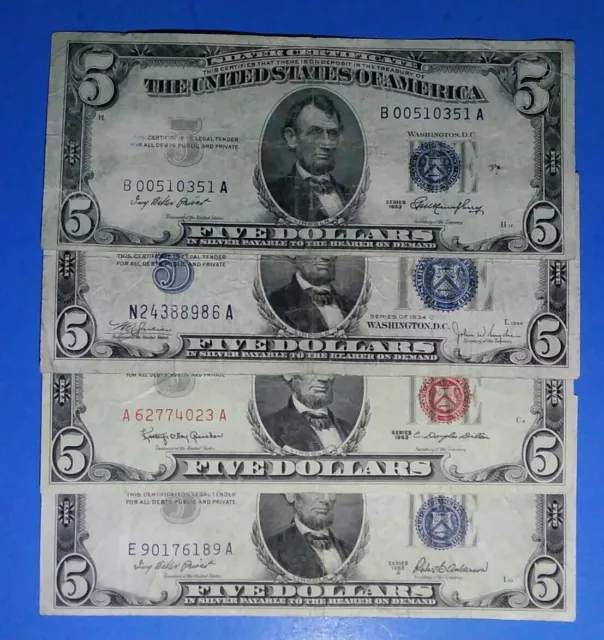 1934C,1953 S/C,$5, Blue Seals,1963 L/T Red Seals ! Vg./Vf Circ.! Old Us !