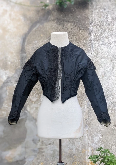 Beautiful Gothic 1850’S Wheat Stock & Floral Black Silk Brocade Jacket 