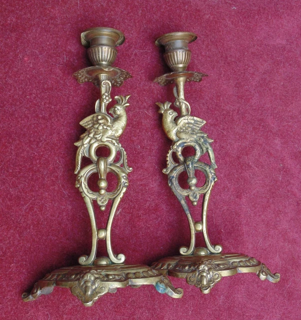 magnifique rare ancienne paire bougeoir chandelier bronze au perroquet très fin