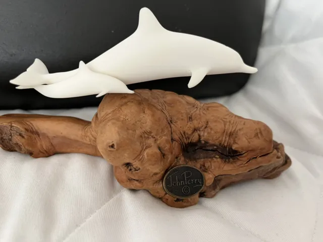 John Perry 2 Dolphin Figurine w/Wood Base "Signed" Artist Name Plaque