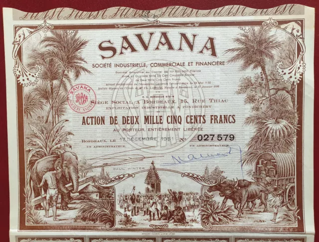 Déco Action de 2500 francs SAVANA 1951 magnifique Bordeaux Gironde Pondichery
