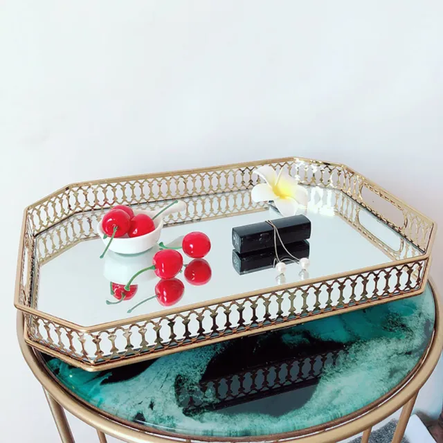 Glass Mirrored Jewelry Tray Ornate Cosmetic Organizer Vanity Decorative Gold NEW