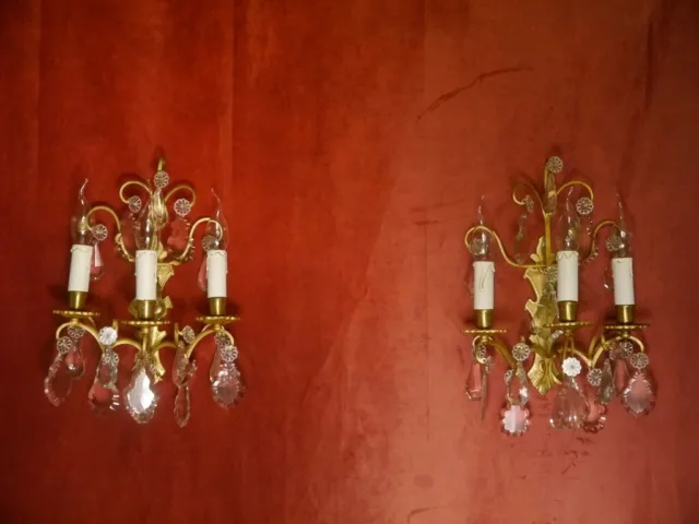 Antique French 3 Light Gold Bronze Wall Lamp Pair Crystal Glass Sconces Brass