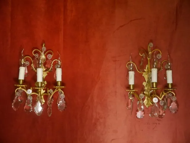 Wall Lamp Pair Antique French 3 Light Gold Bronze Crystal Glass Sconces Brass