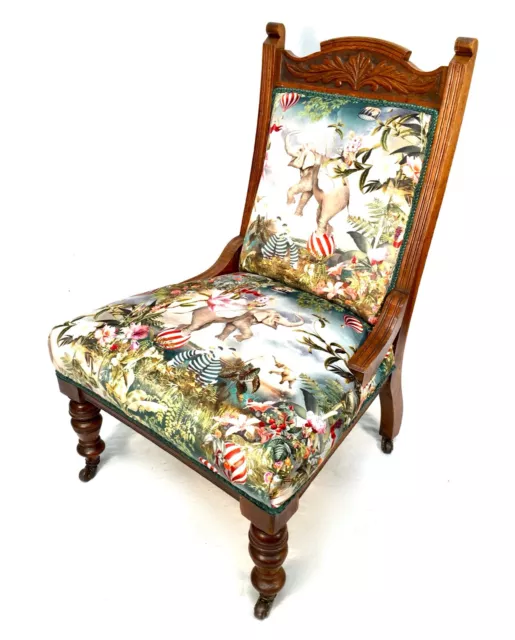 Antique Wooden Oak Bedroom / Hall Chair with Elephant Circus Fabric / Edwardian