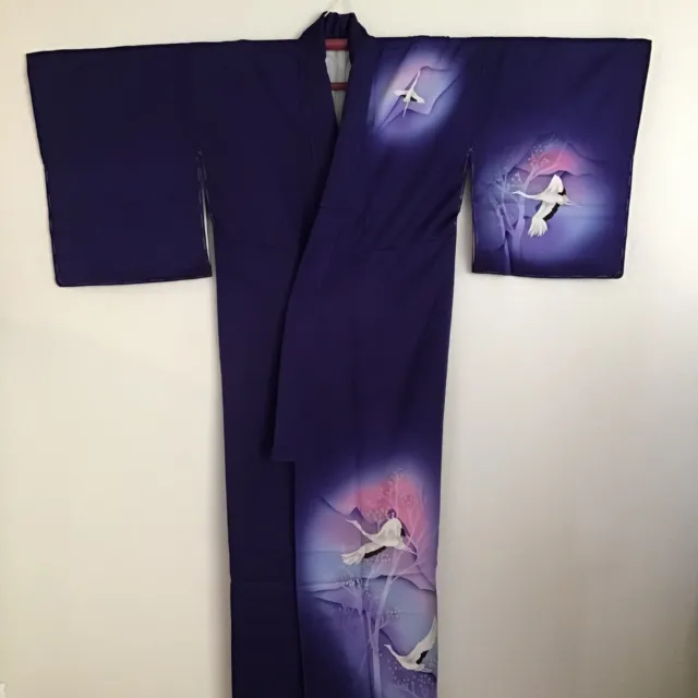 Navy Blue Pink Purple Watercolors Tsuru Cranes Design Tsukesage Japanese Kimono