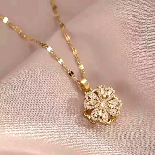 18K Gold Plated Women European Rotation Four-leaf Clover Pendant Necklace Gift