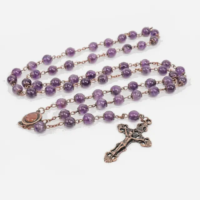 Amethyst Beads Rosary Beaded Necklace Stone Bead Holy Soil Medal & Cross