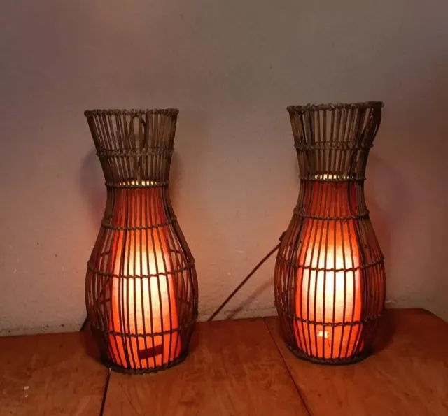 Vintage Table Lamp Boho Bamboo Rattan Wicker 70's 20inch Tall