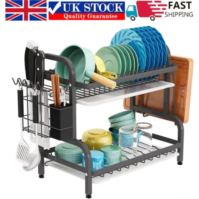2 Tier Dish Drainer Rack with Drip Tray Cutlery Holder Plate Rack Kitchen Sink